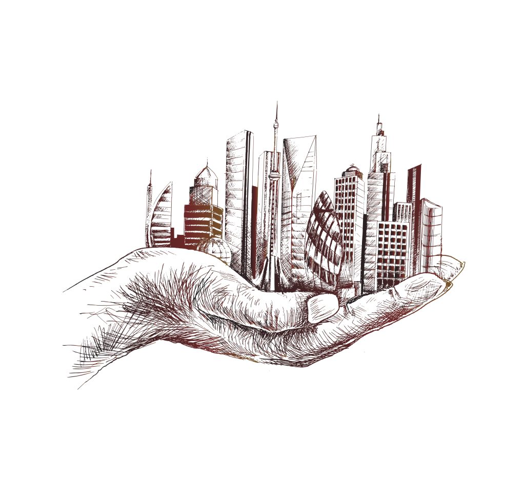 save nature human hand holding city against t shirt design, ecol